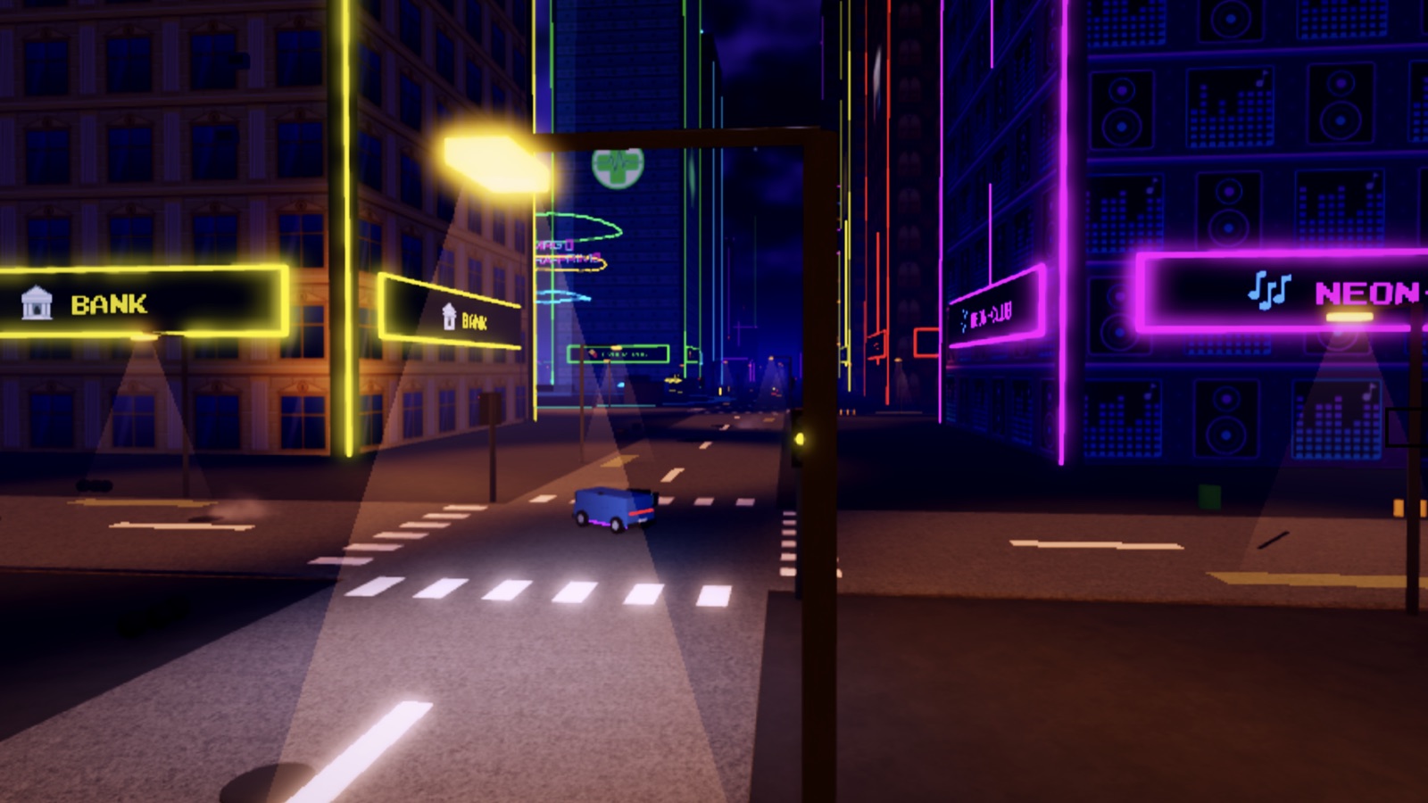 Neon signs and street lights on a downtown crossing at night