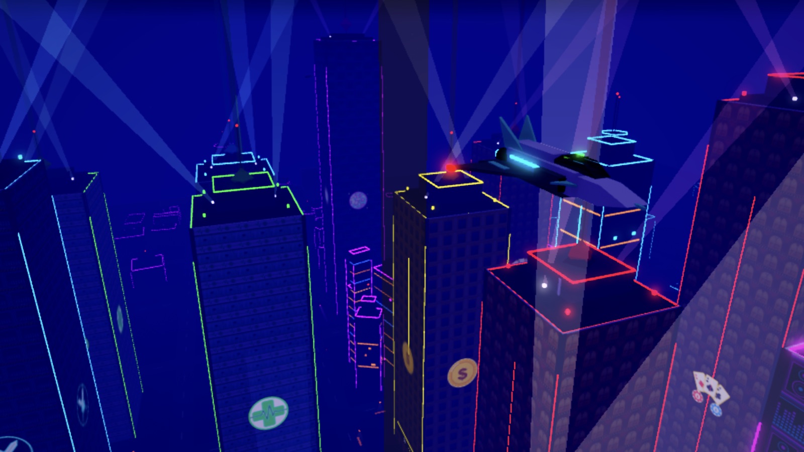 The jet hovering above the skyscrapers with searchlights